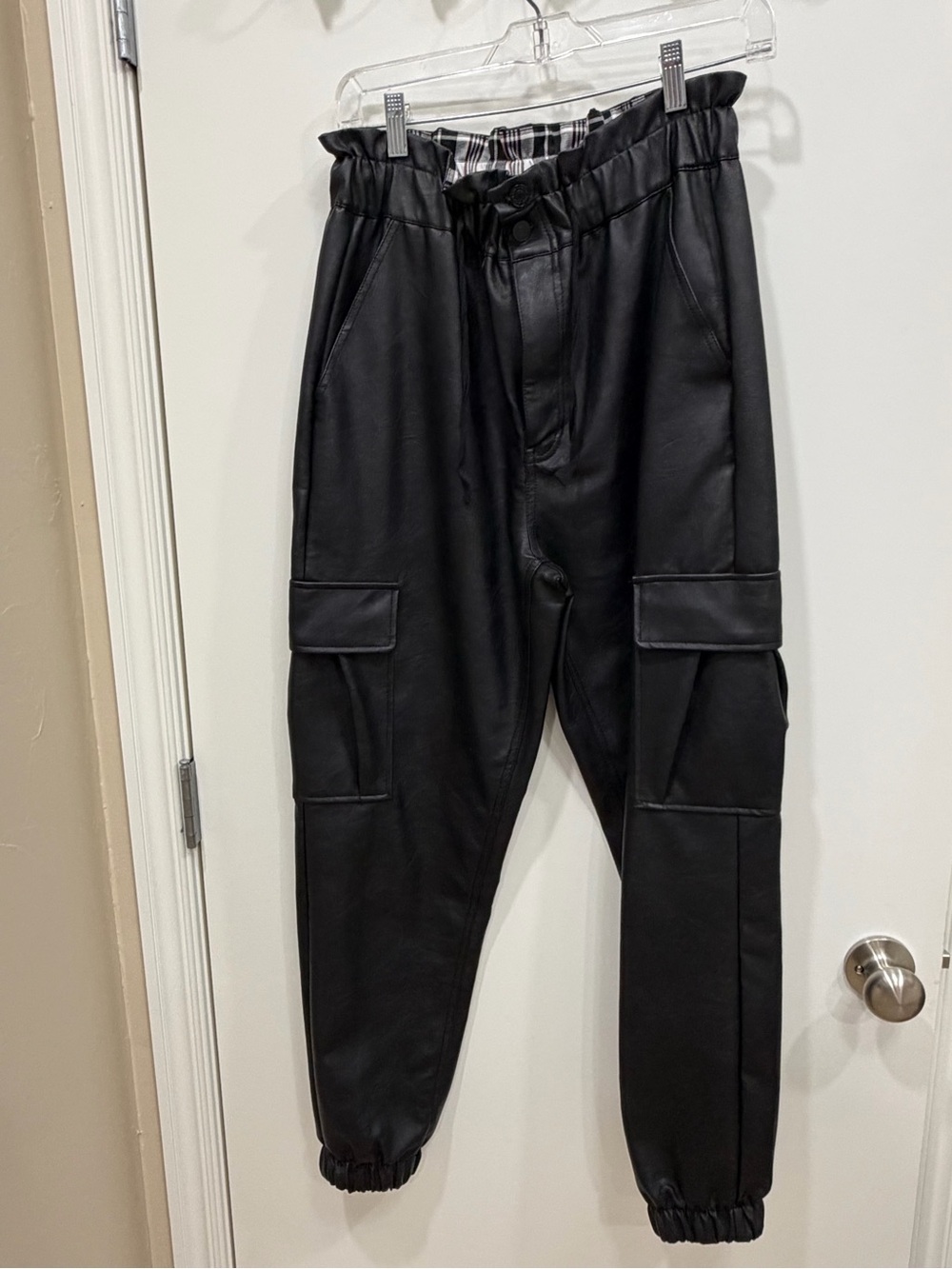 KanCan Black Faux Leather Cargo Joggers